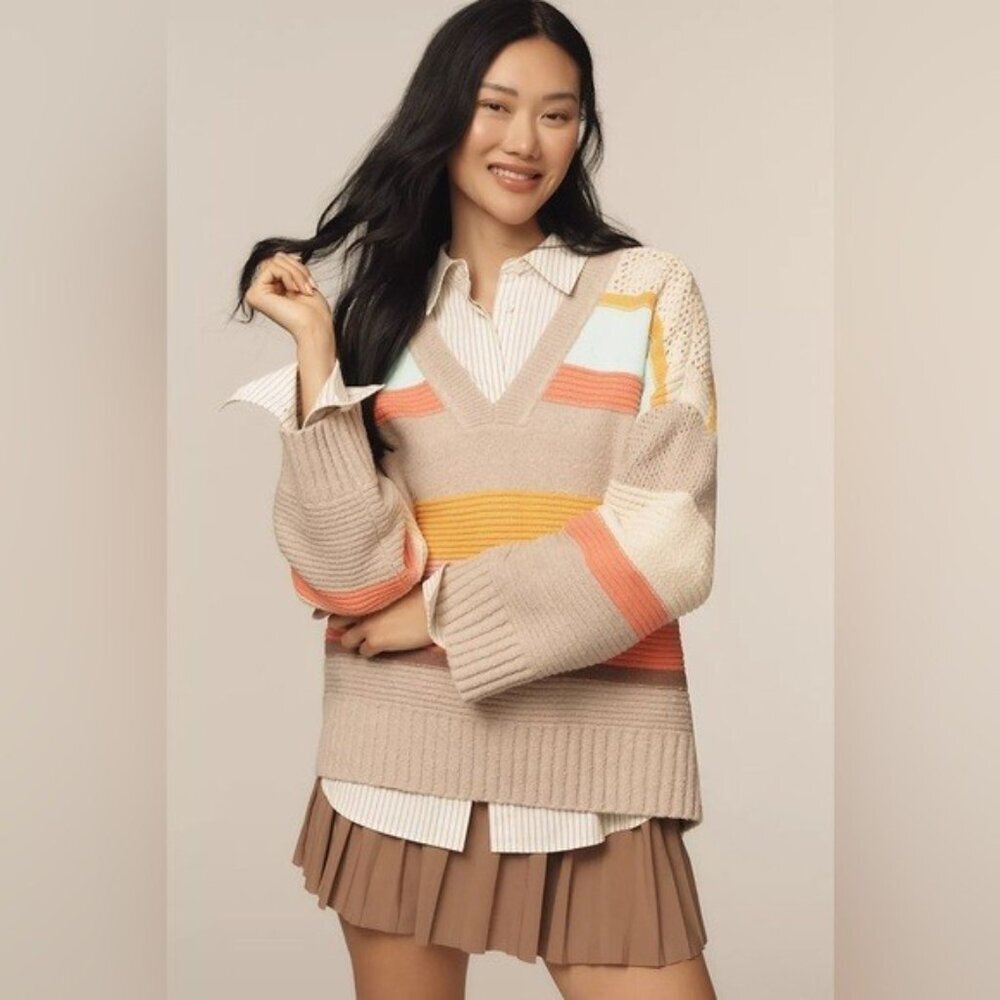 Anthropologie Taupe V-Neck Stripe Sweater with Mint & Orange Accents - Picture 12 of 16